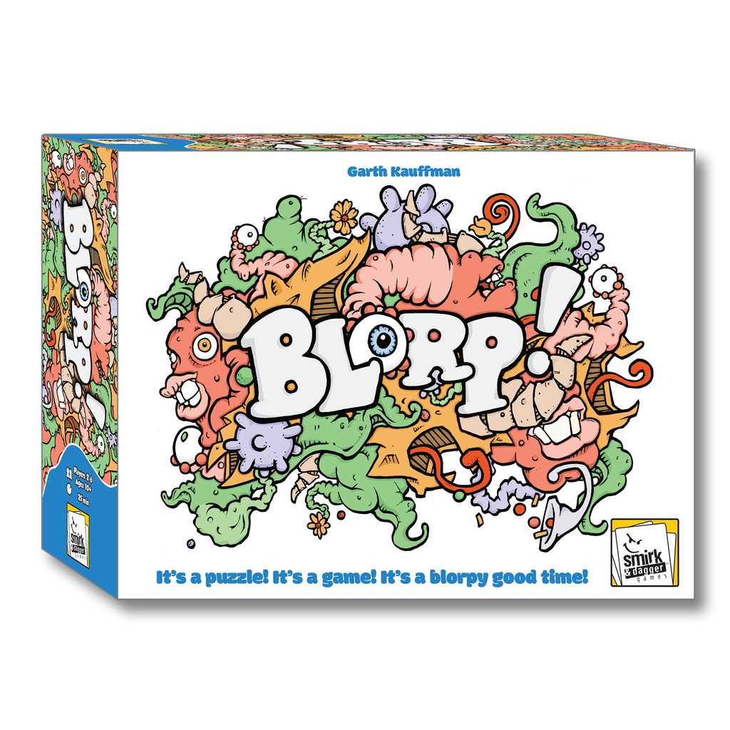 Colorful box of 'Blorp!' puzzle game with cartoon monster limbs and body parts and text.