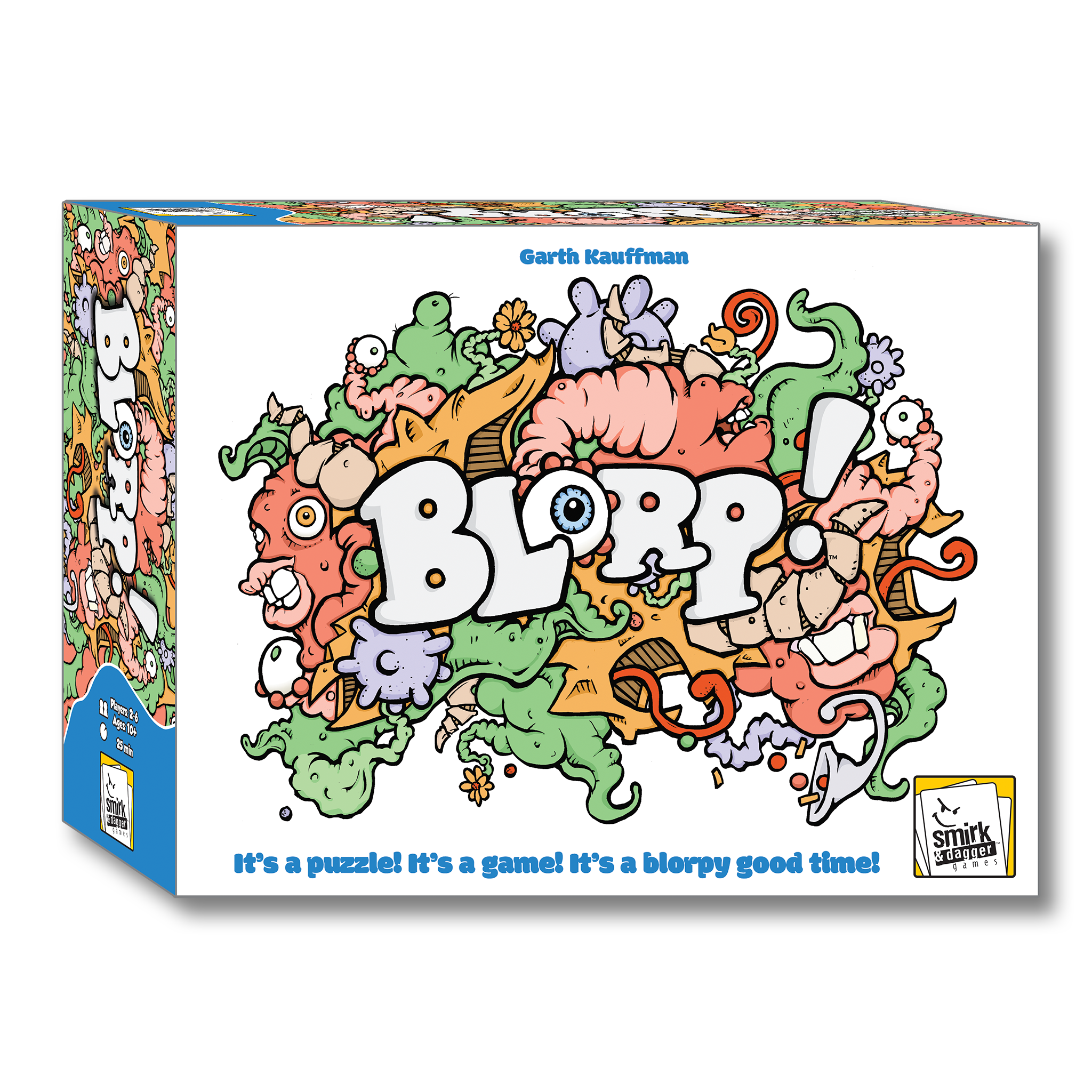 Colorful box of 'Blorp!' puzzle game with cartoon monster limbs and body parts and text.