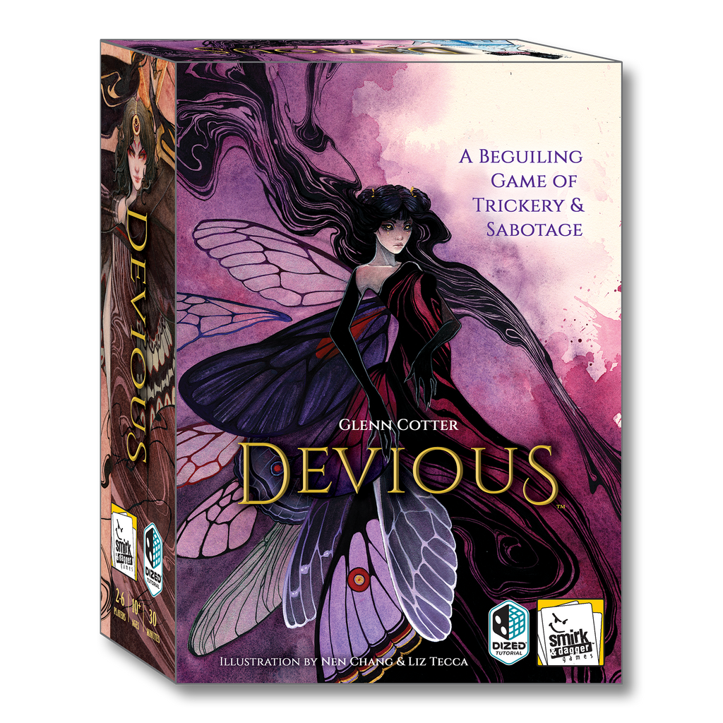 Board game box titled 'Devious' with a fairy illustration on a white background