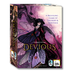 Board game box titled 'Devious' with a fairy illustration on a white background