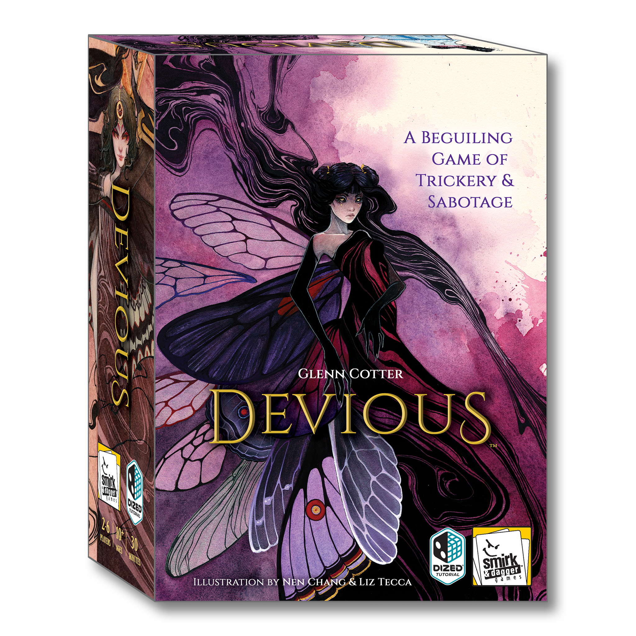 Board game box titled 'Devious' with a fairy illustration on a white background