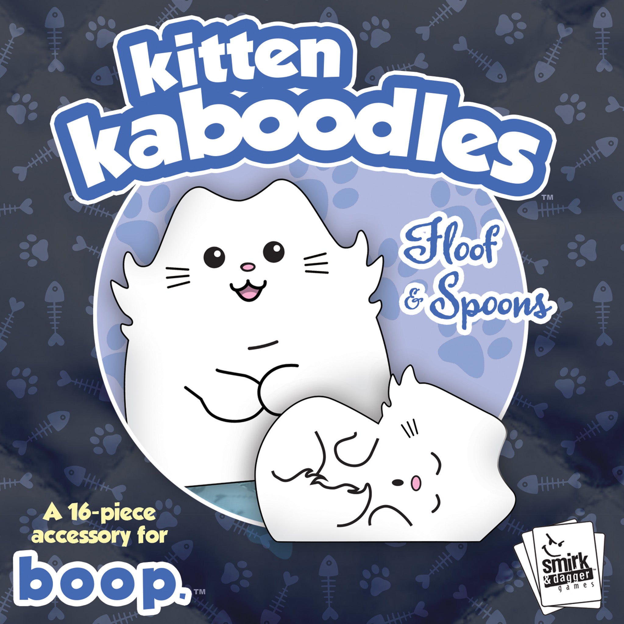 Kitten Kaboodles accessory packaging with two white cats and 'Smirk & Dagger' branding on a dark background.