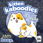 Kitten Kaboodles accessory packaging with two cartoon cats on a dark background with paw print pattern.