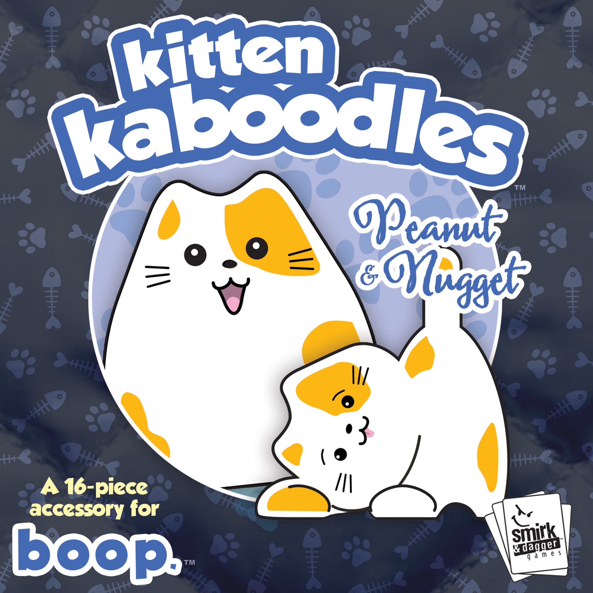 Kitten Kaboodles accessory packaging with two cartoon cats on a dark background with paw print pattern.