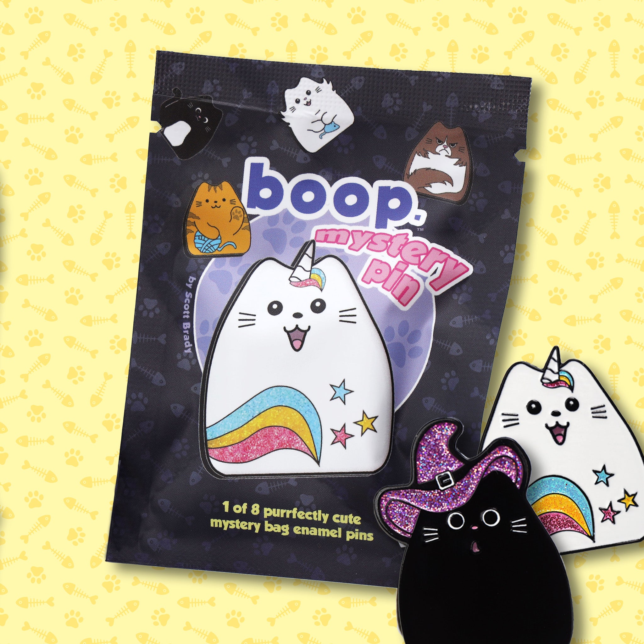 Boop mystery pin package with cute cat-themed pins on a yellow background