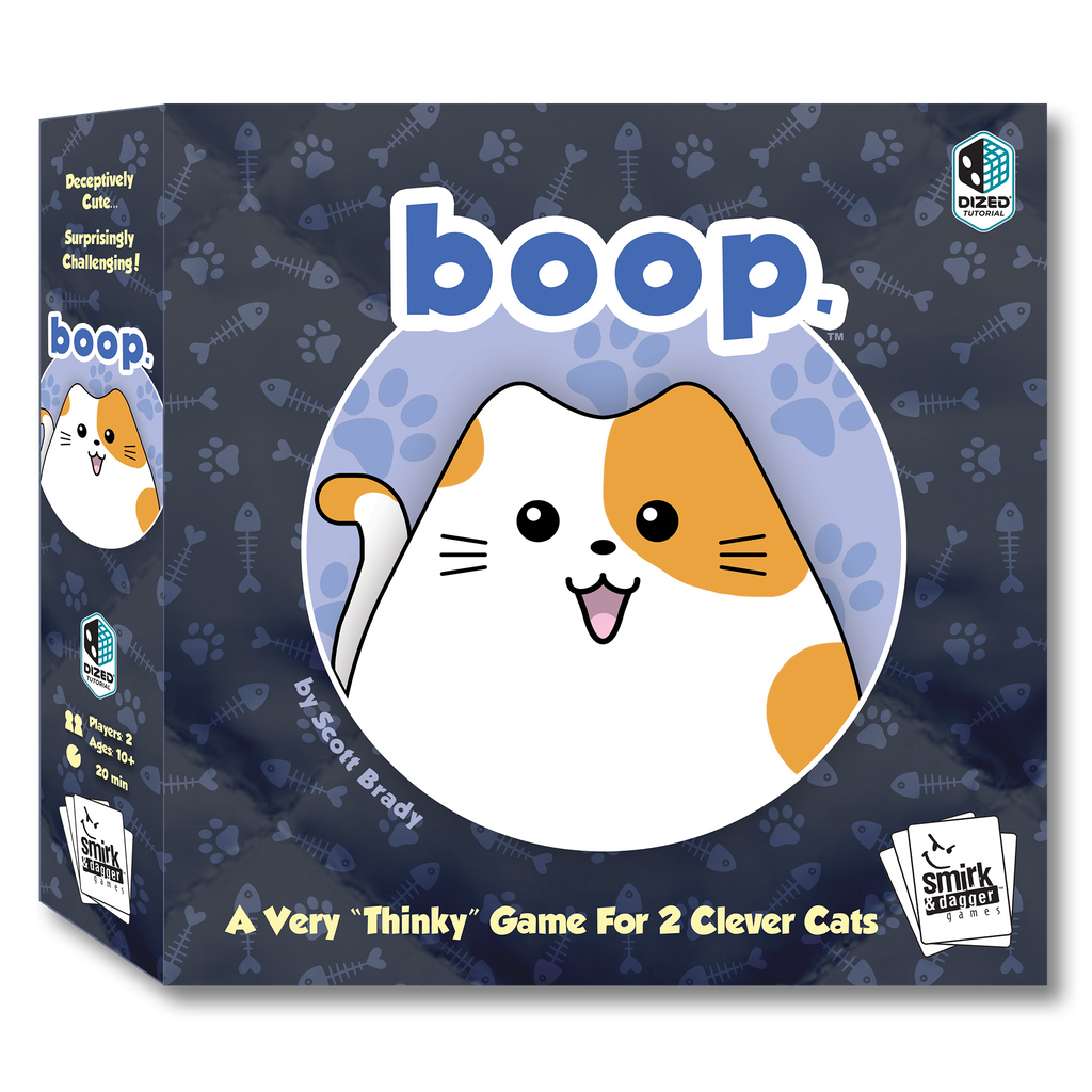 Board game box for 'boop' with a cartoon cat illustration on a dark blue background.