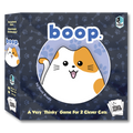 Board game box for 'boop' with a cartoon cat illustration on a dark blue background.