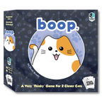 Board game box for 'boop' with a cartoon cat illustration on a dark blue background.