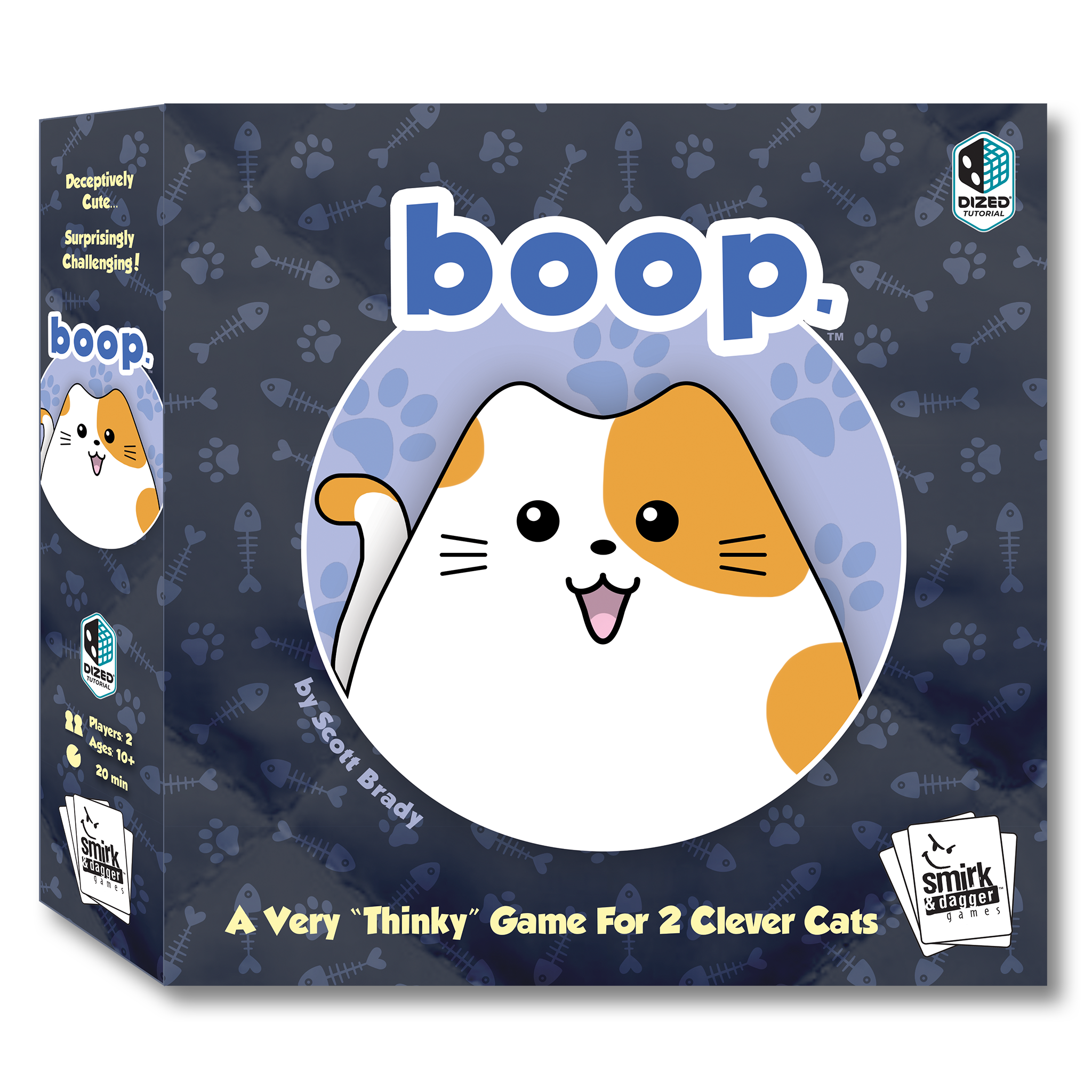 Board game box for 'boop' with a cartoon cat illustration on a dark blue background.