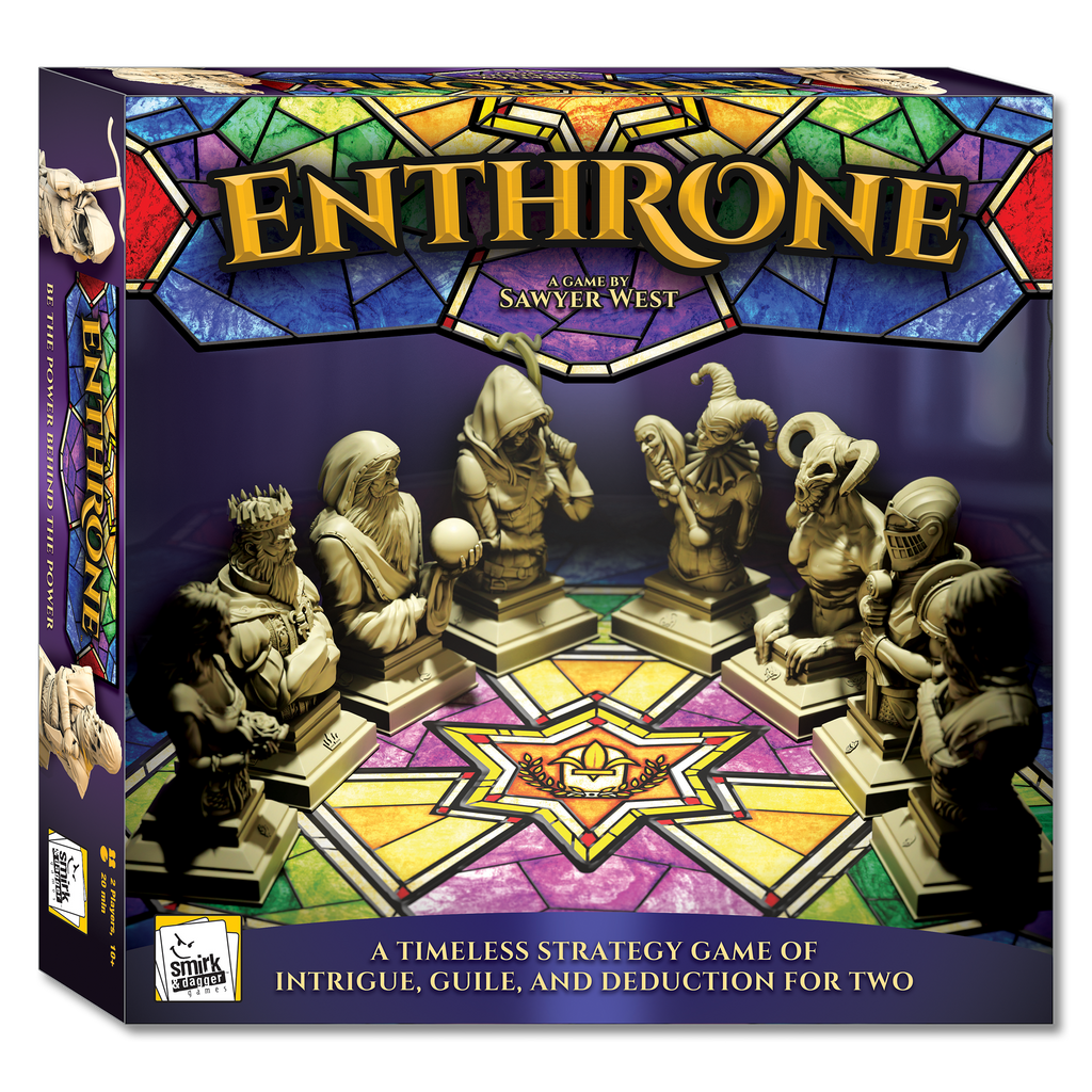 Board game box for 'Enthrone' with colorful design and game pieces.