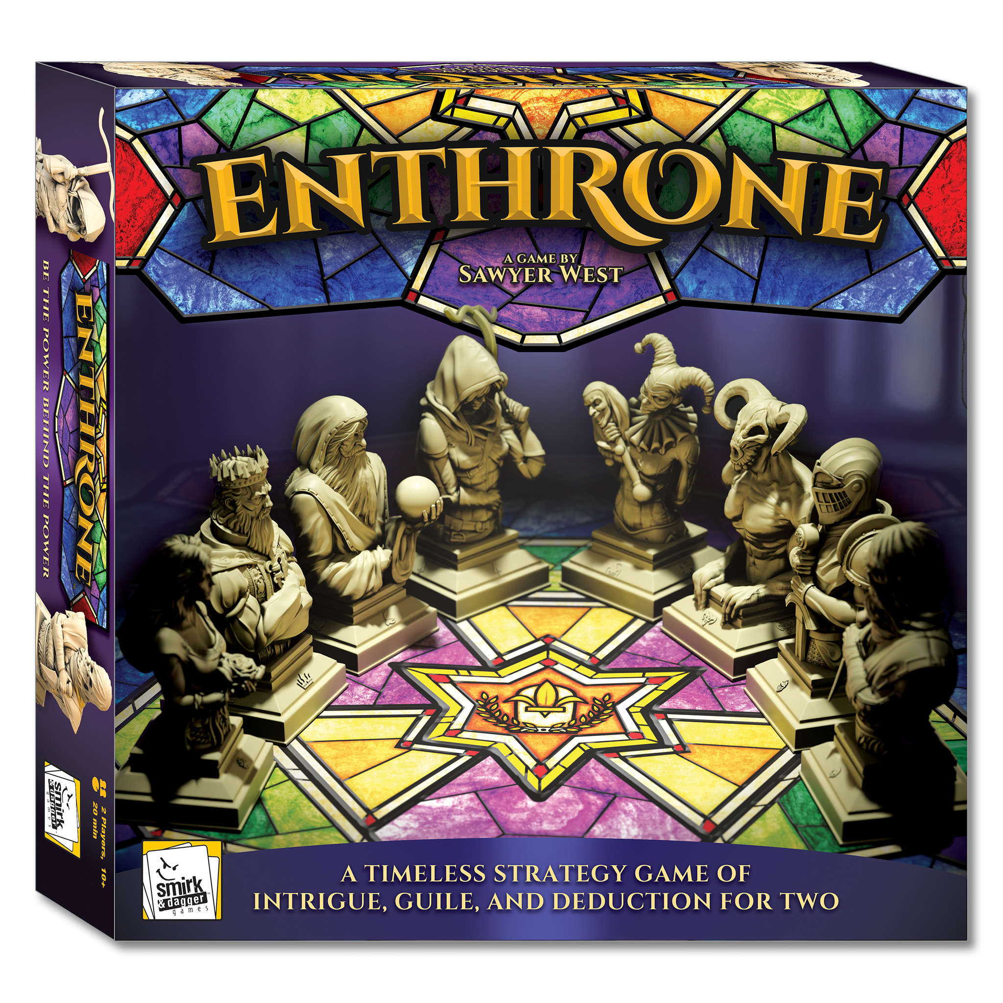Board game box for 'Enthrone' with colorful design and game pieces.