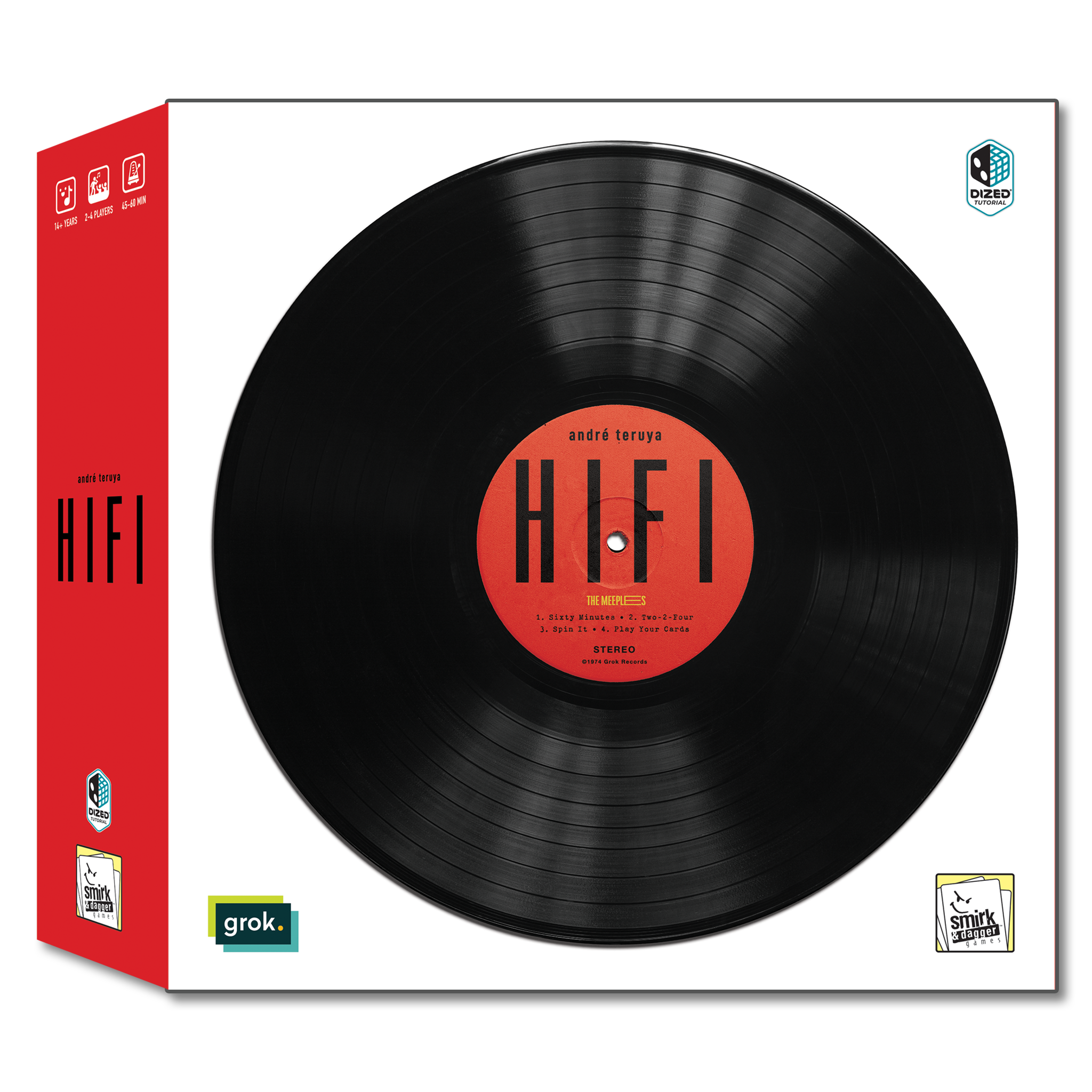 Vinyl record with red label and matching packaging on a white background
