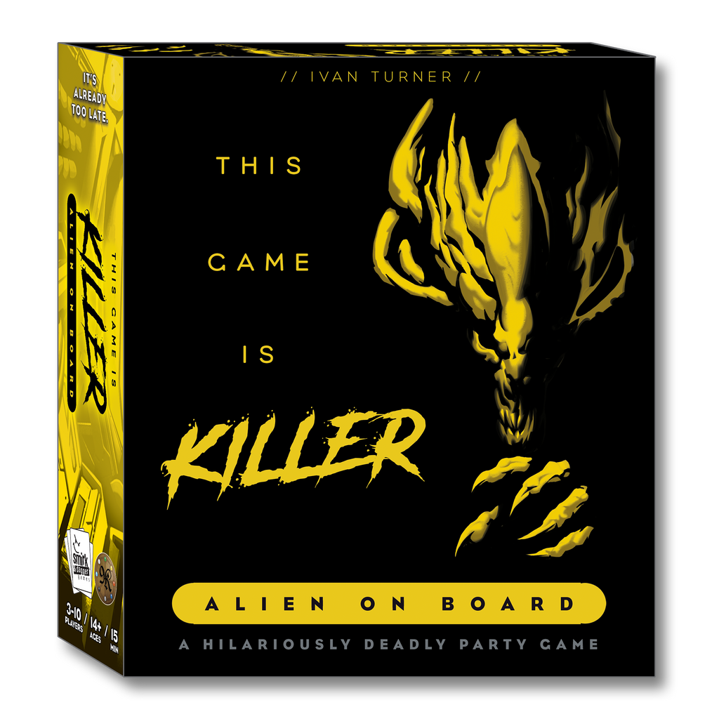 Board game box with yellow alien illustration and text on a black background
