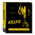 Board game box with yellow alien illustration and text on a black background