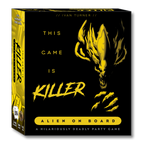 Board game box with yellow alien illustration and text on a black background