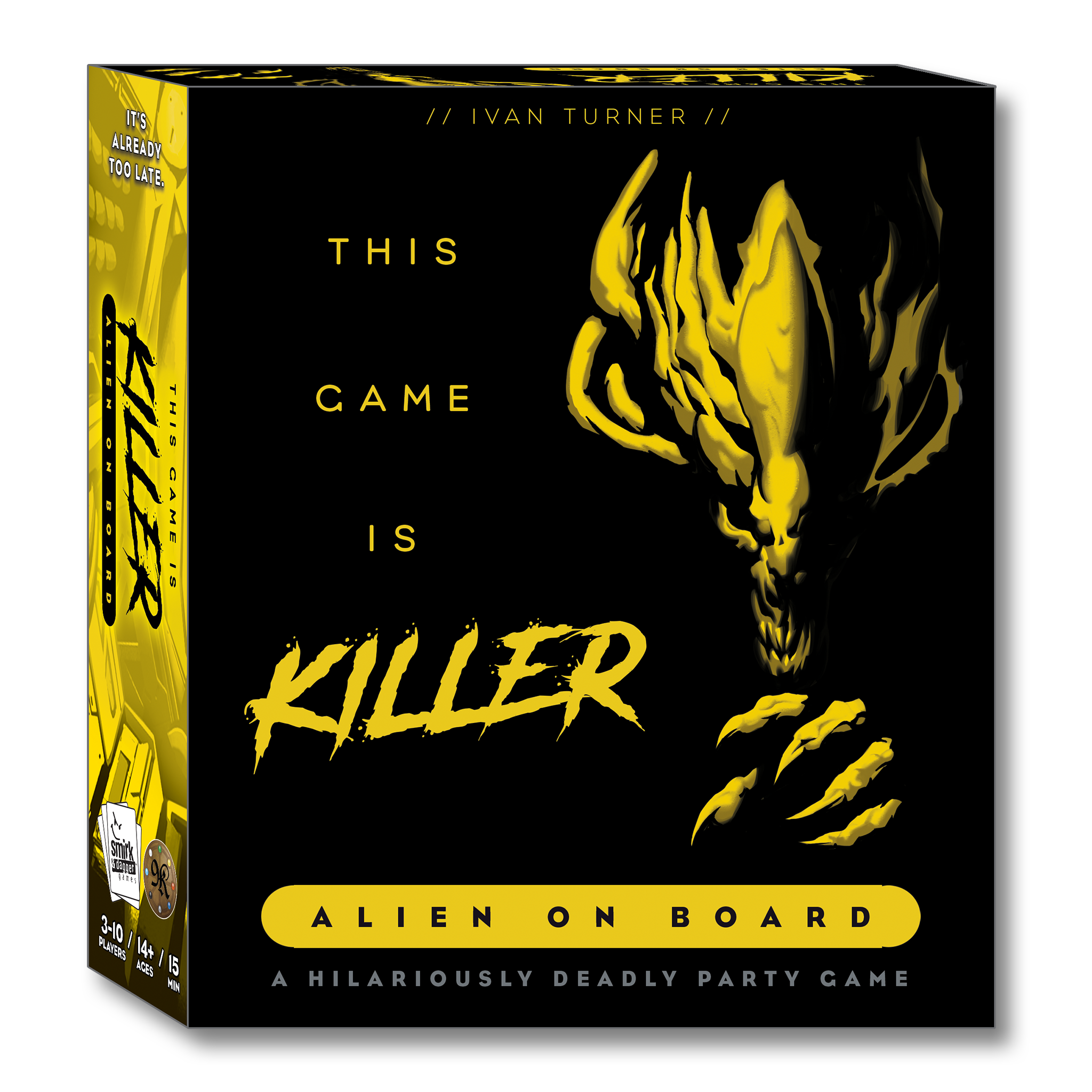 Board game box with yellow alien illustration and text on a black background