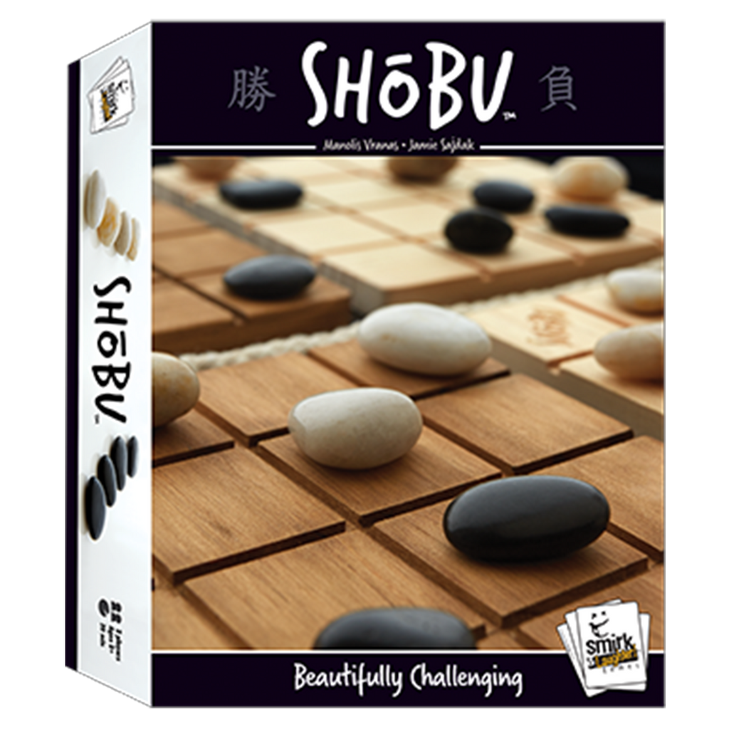 Shobu board game box with stones on a go board