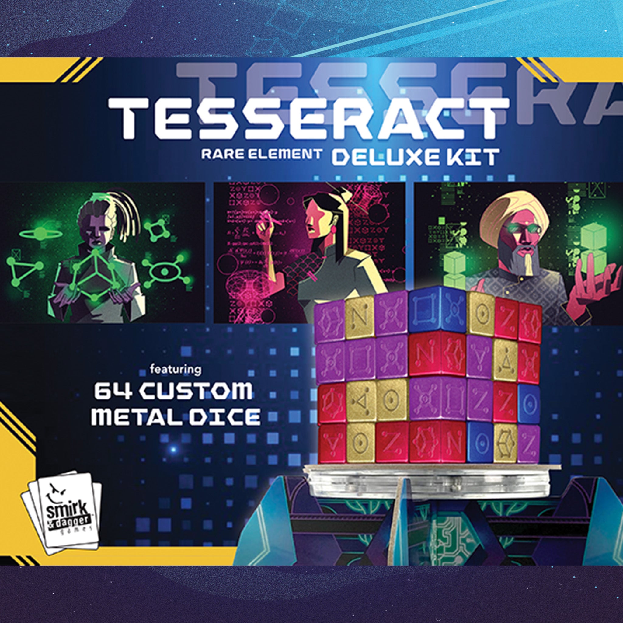 Tesseract Rare Element Deluxe Kit packaging with colorful dice and character illustrations on a dark background.