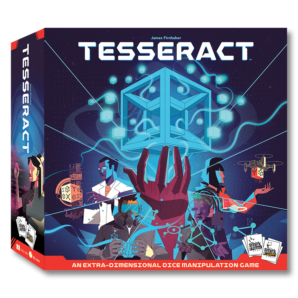 Board game box for 'Tesseract' with abstract design including hand holding cubes, a male doctor, a man in a gas mask, a woman with a drone, and a woman with a cube and text.