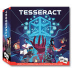 Board game box for 'Tesseract' with abstract design including hand holding cubes, a male doctor, a man in a gas mask, a woman with a drone, and a woman with a cube and text.