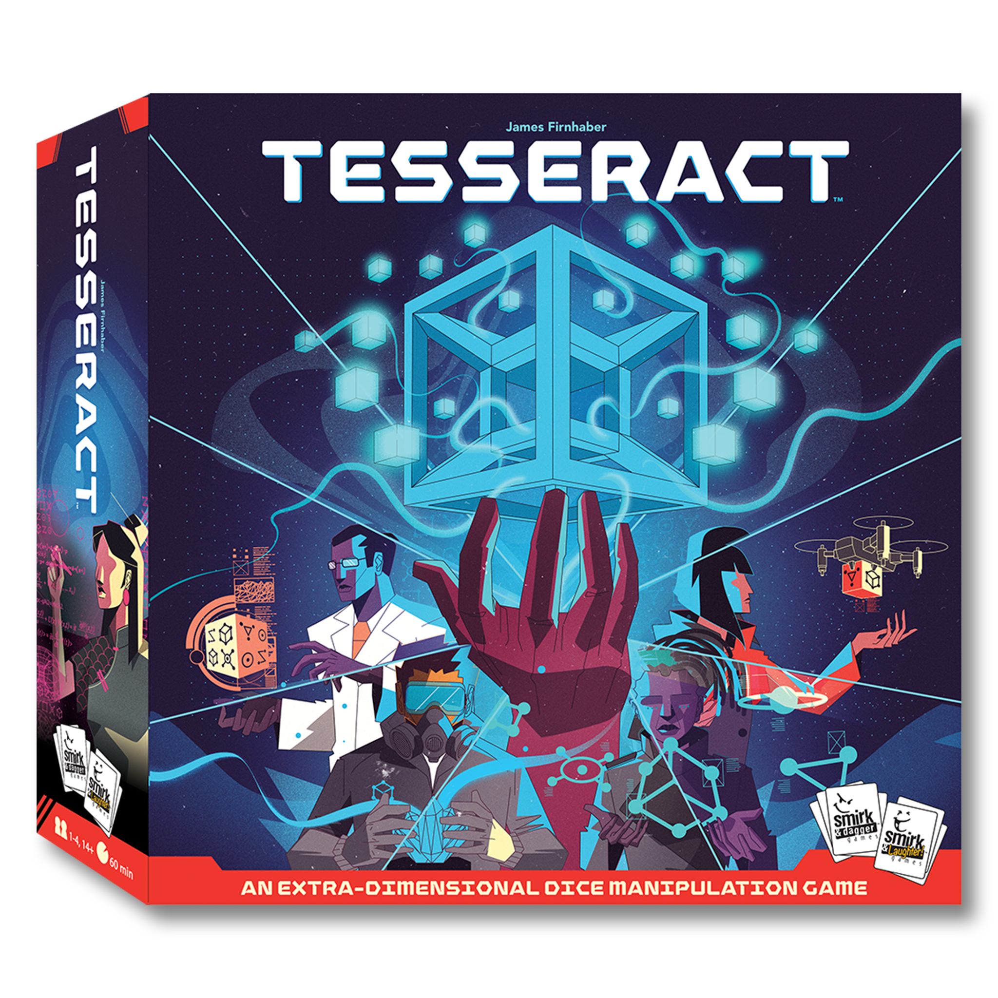 Board game box for 'Tesseract' with abstract design including hand holding cubes, a male doctor, a man in a gas mask, a woman with a drone, and a woman with a cube and text.