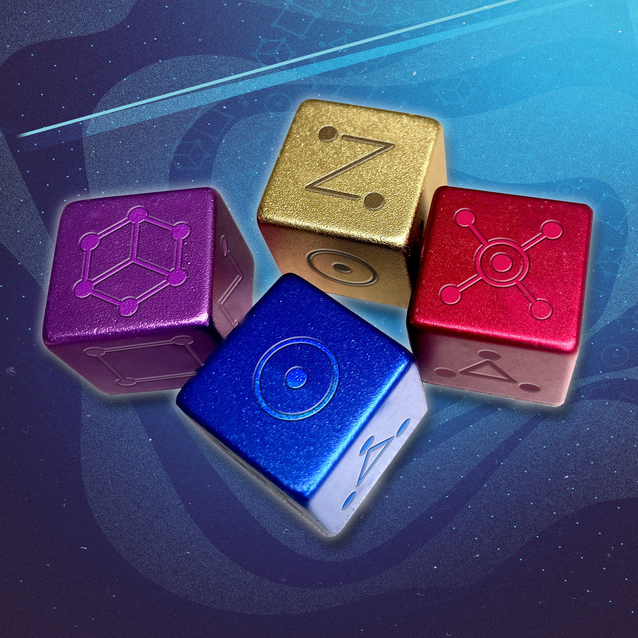 Four metallic dice with symbols on a blue gradient background