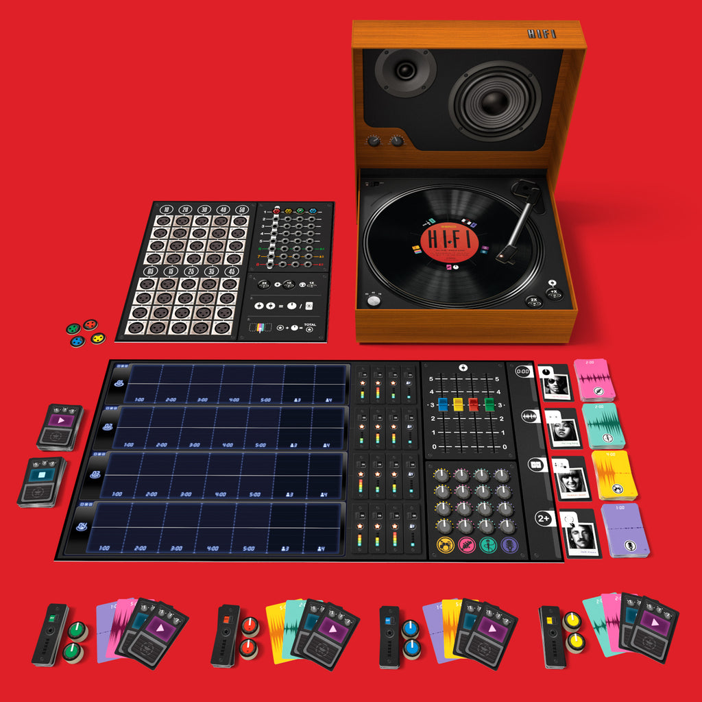 Collection of electronic music production equipment on a red background