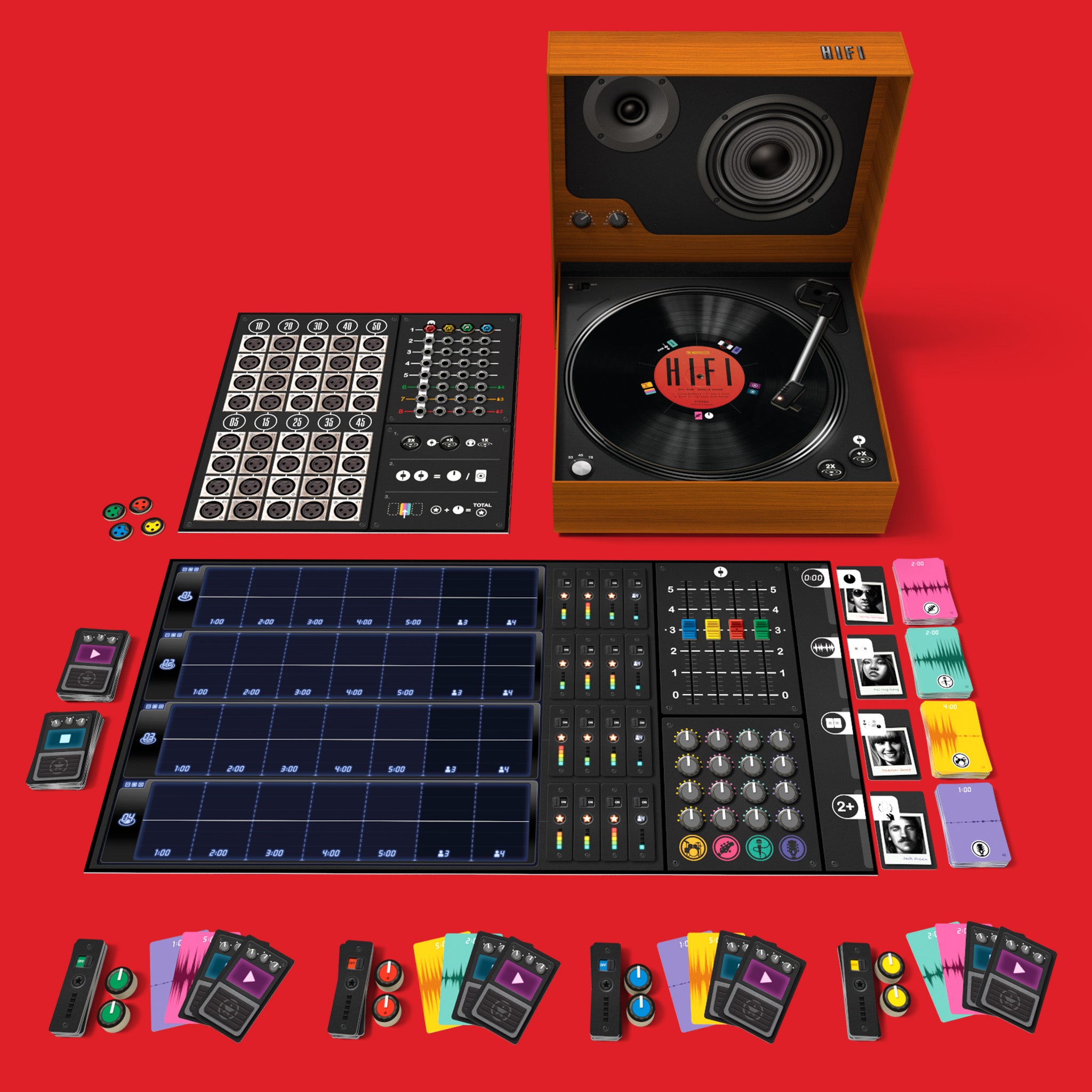 Collection of electronic music production equipment on a red background
