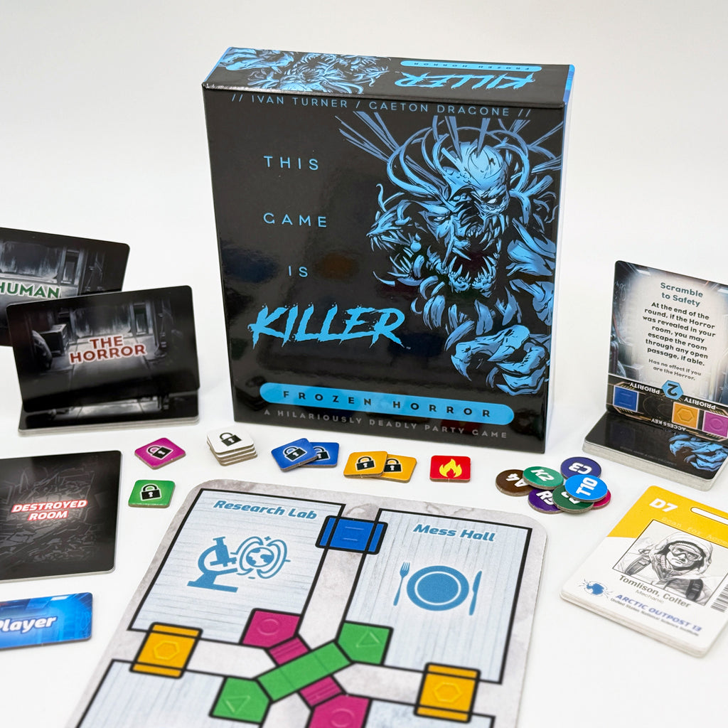 Board game components including cards, board, and box with 'Killer' theme on a white background