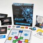 Board game components including cards, board, and box with 'Killer' theme on a white background