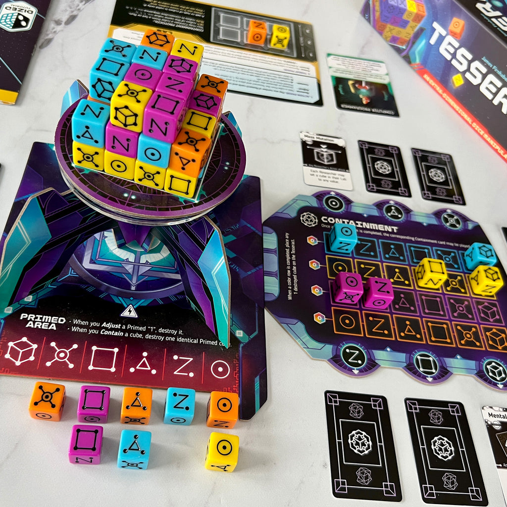 Board game components including dice and cards on a white surface