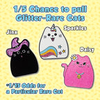 Three glittery cat figurines with names Jinx, Sparkles, and Daisy on a yellow background.