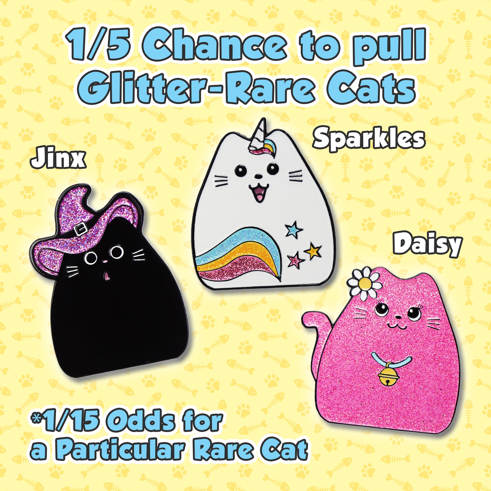 Three glittery cat figurines with names Jinx, Sparkles, and Daisy on a yellow background.