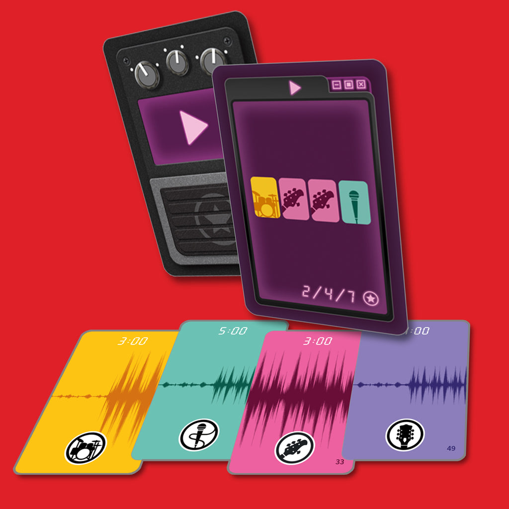 Set of music-themed playing cards on a red background