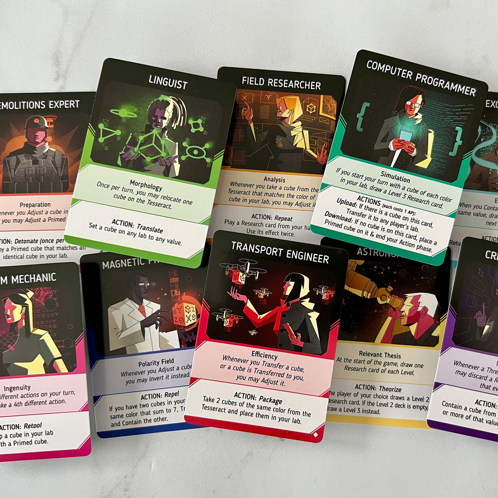 Collection of character cards from a game, each with a different profession and action text.