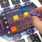 Board game component with colorful cubes on a 'Containment' card