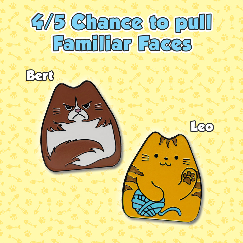 Two cartoon cat pins labeled 'Bert' and 'Leo' on a yellow background with text about chance to pull familiar faces.