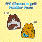 Two cartoon cat pins labeled 'Bert' and 'Leo' on a yellow background with text about chance to pull familiar faces.